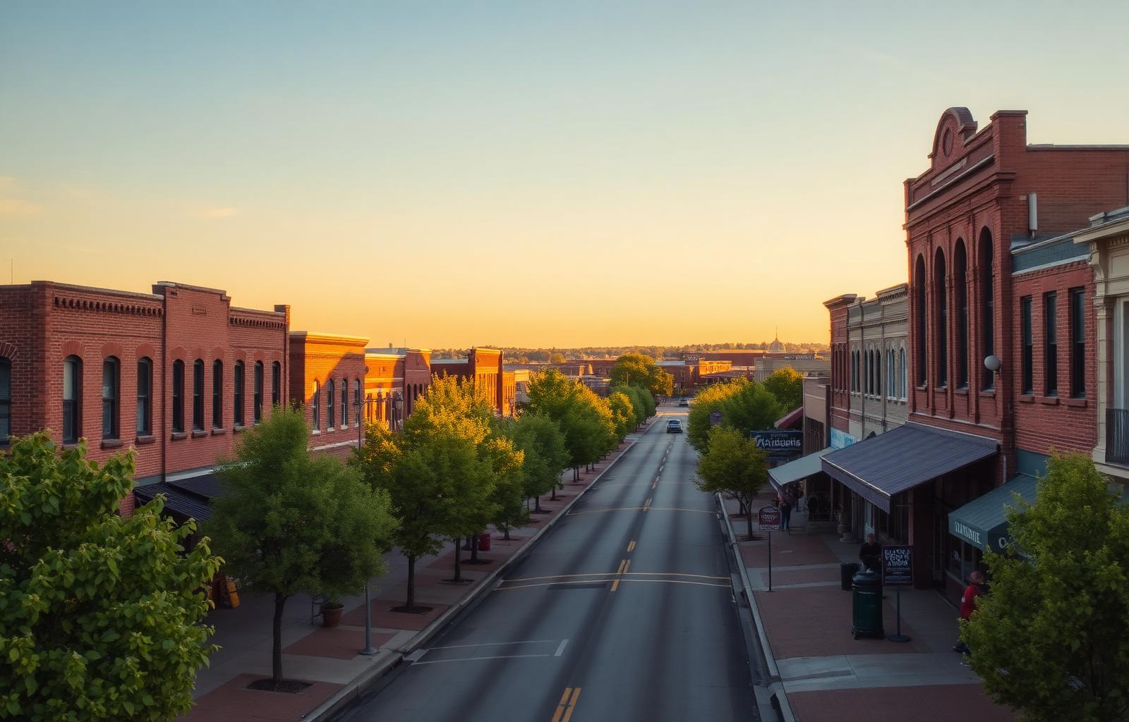 Nebraska town main street at golden hour